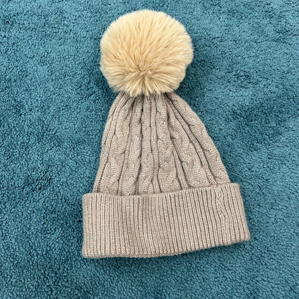 Vince Camuto Beige Knit Pom-Pom Beanie